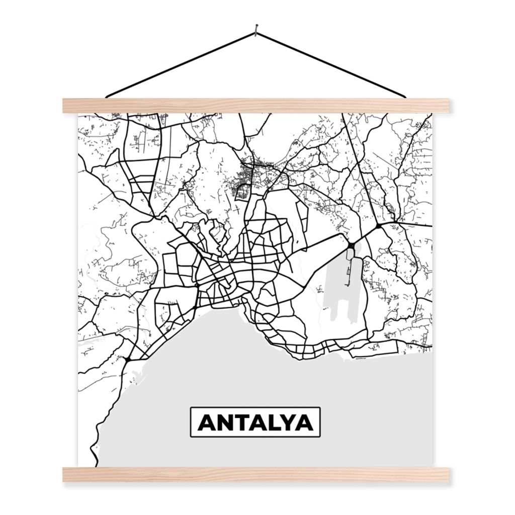 MuchoWow Textilposter Antalya - Stadtplan - Schwarz und weiß - Karte 40x40 cm mit holzfarbenen Rahmen - Posterleiste