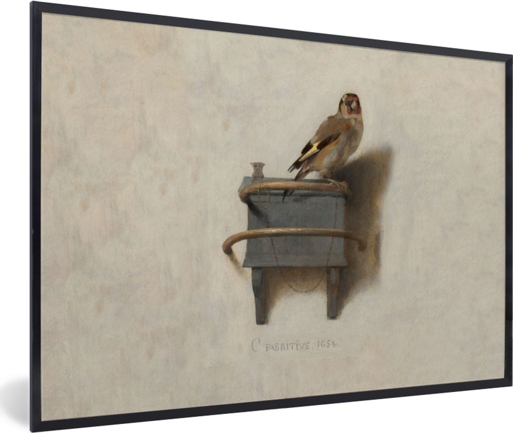 MuchoWow Gerahmtes Poster Der kleine Stieglitz - Gemälde - Fabricius - Alter Meister 60x40 cm - Poster mit Schwarzem Bilderrahmen Wandposter Rah...