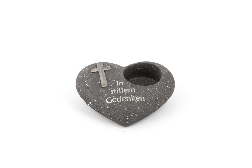 Novaliv Grabschmuck Herz Anthrazit mit Kreuz Spruch In stillem Gedenken Grabdeko Grabherz Wetterfest Grabdekoration Gedenkstein Teelichthalter Trau...