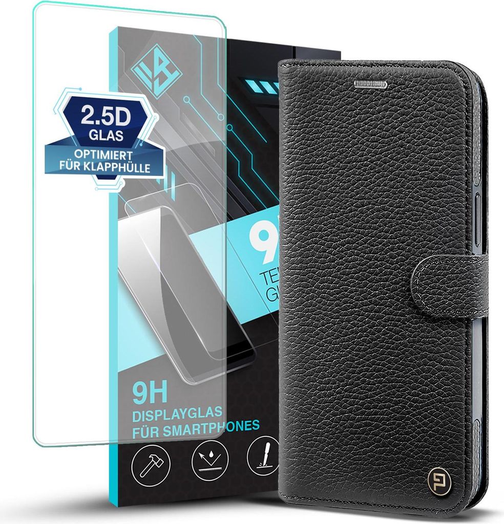 Echtleder Handyhülle für Samsung Galaxy S25 Ultra mit 9H Displayglas RFID Schutz Cover Leder Hülle Magnetring 2-in-1 Bumper abnehmbar Farbe: Sch...