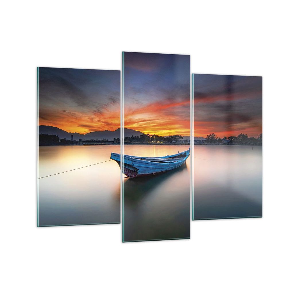 Bilder auf glas - 3 Teile - Westen Sonne Boot - 130x100cm - Glasbilder - Wandbilder - Bilder - zum Aufhängen bereit - Wanddekoration aus Glas - Gl...