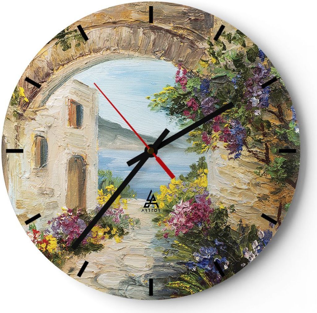 Wanduhr - Rund - Glasuhr - Haus Santorini Blumen - 40x40cm - Schleichendes Uhrwerk - Lautlos - zum Aufhängen bereit - Dekoration Modern - Wanddeko...