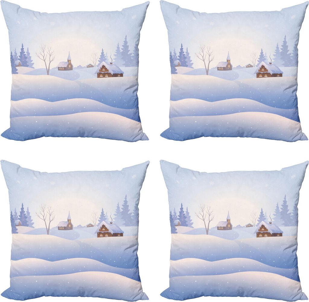 ABAKUHAUS Snowy-Bäume Kissenbezug Set (4 Stück), Dorf-Landschaft anzeigen, Moderner Doppelseitiger Digitaldruck, 45 cm x 45 cm, Ceil Blau Umber