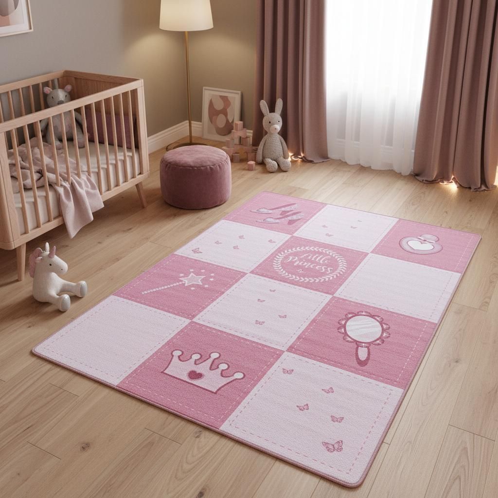 Spielteppich Märchen Bunt Waschbar Strapazierfähig | Pink 160x230 cm Spielzimmer Fußbodenheizung geeignet Rutschfest | TRAUN – Kadima Design