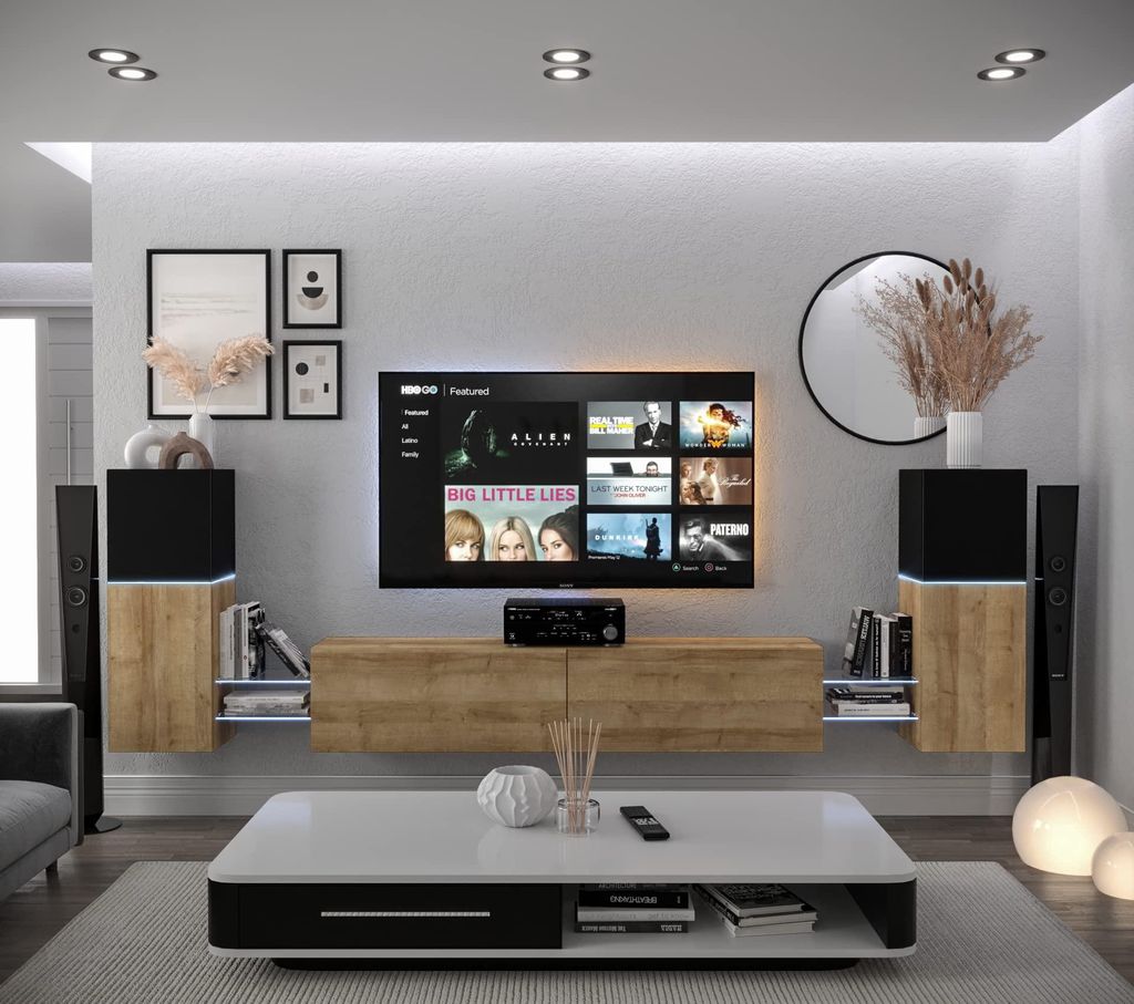 Furnitech Wohnwand Wohnzimmer - Wohnzimmer Möbel mit LED Weiß - Hängend Wohnwand Modern - Regale und TV Schrank (AN104-21BDZ-HGM7-1C)