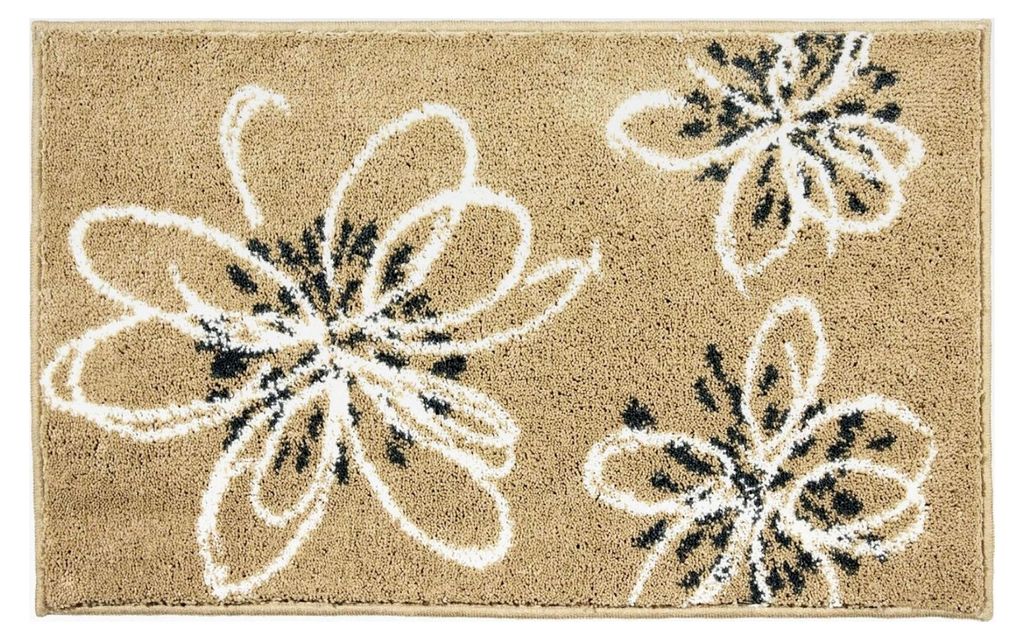 Badematte Palamas Moderne Blumen beige 50x80 cm - Flauschige Oberfläche, hoher Flor, rutschhemmend, pflegeleicht und formbeständig, geeignet für...
