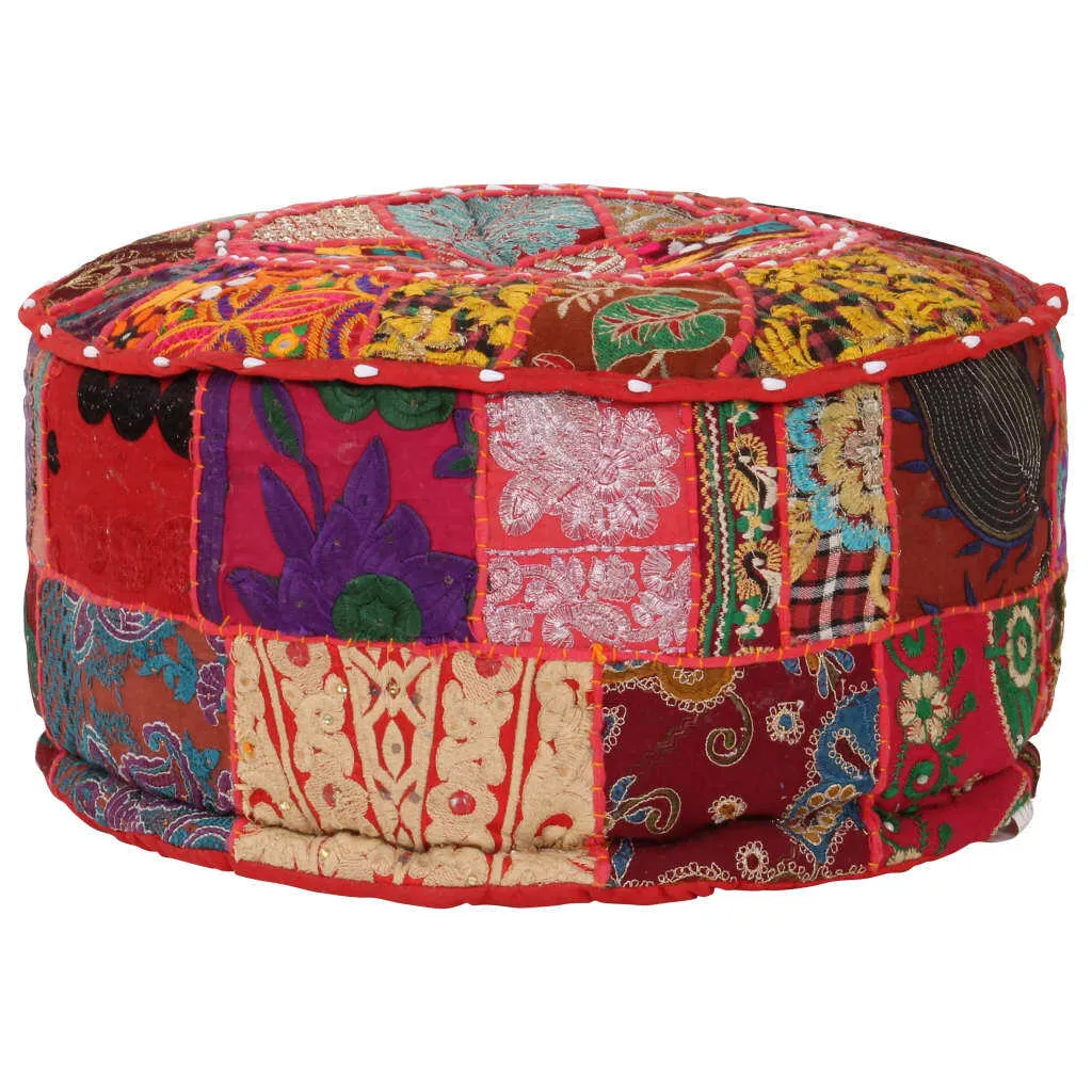 Pouf Artisanal Rouge en Coton Patchwork - Design Rond Compact 40x20 cm - 4