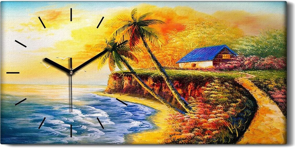 Dekor Leinwand Uhr Wandbilder Kunstdruck 60x30 Meeresküste Haus Sonnenuntergang - schwarze Hände
