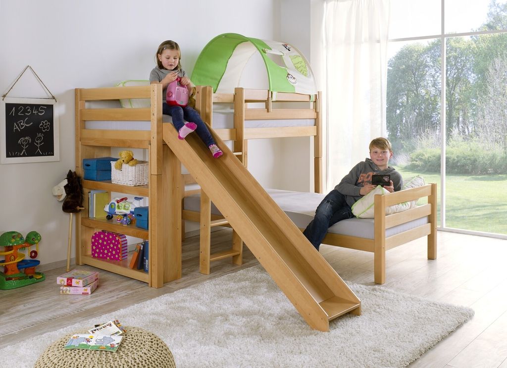 Etagen- bzw. 2. Einzelbetten Beni Buche massiv Natur lackiert mit Rutsche 90x200