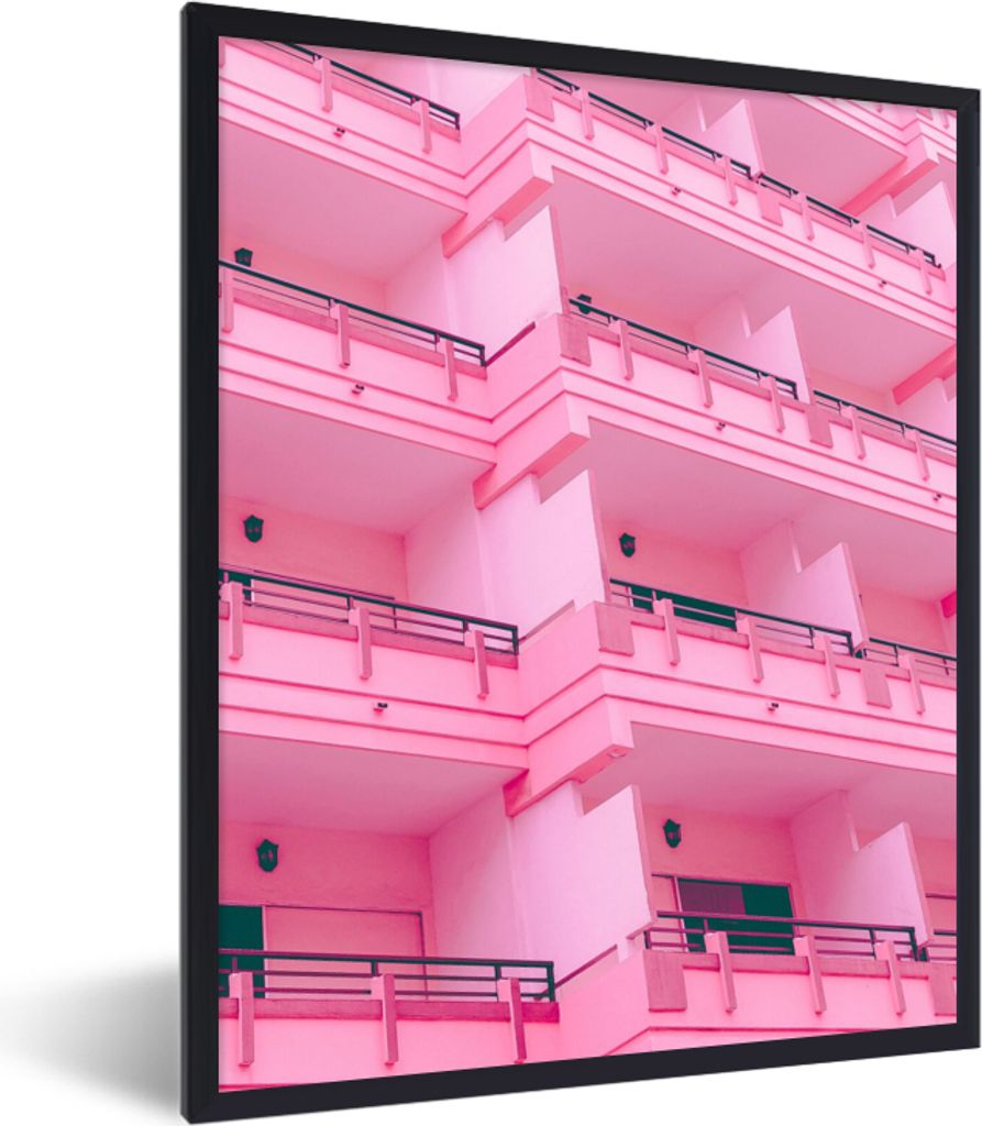 MuchoWow Gerahmtes Poster Balkon - Sommer - Rosa - Architektur 60x80 cm - Poster mit Schwarzem Bilderrahmen Wandposter Rahmen Foto Bilder - Premi...