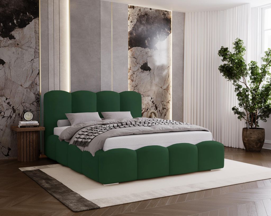 Polsterbett 180x200 Zenna - dickem Schaumstoff, Bett mit Bettkasten und Lattenrost - Samt Grün (Magic Velvet 2225)