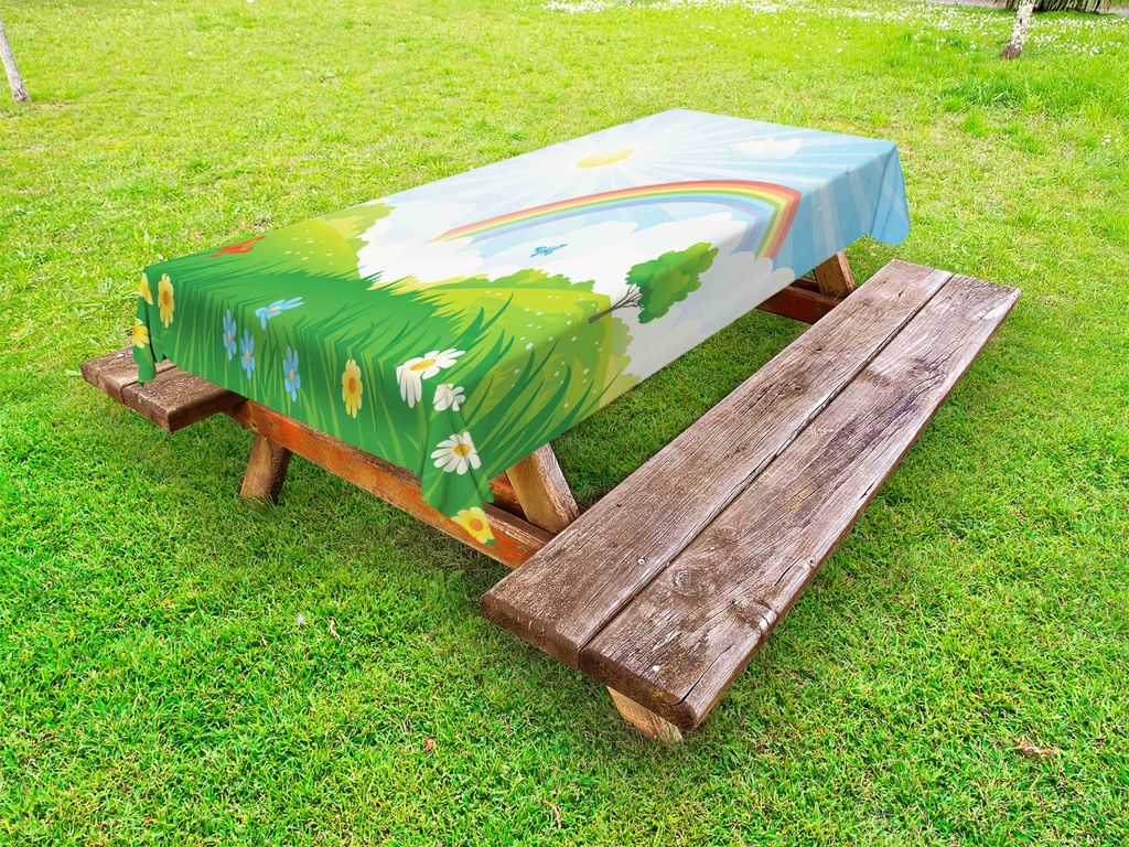 ABAKUHAUS Wolke Tischdecke Outdoor, Karikatur-Sommer-Natur mit Sun und Regenbogen über blühenden Blumen und Schmetterlingen, Mehrfarbig, 145x210cm