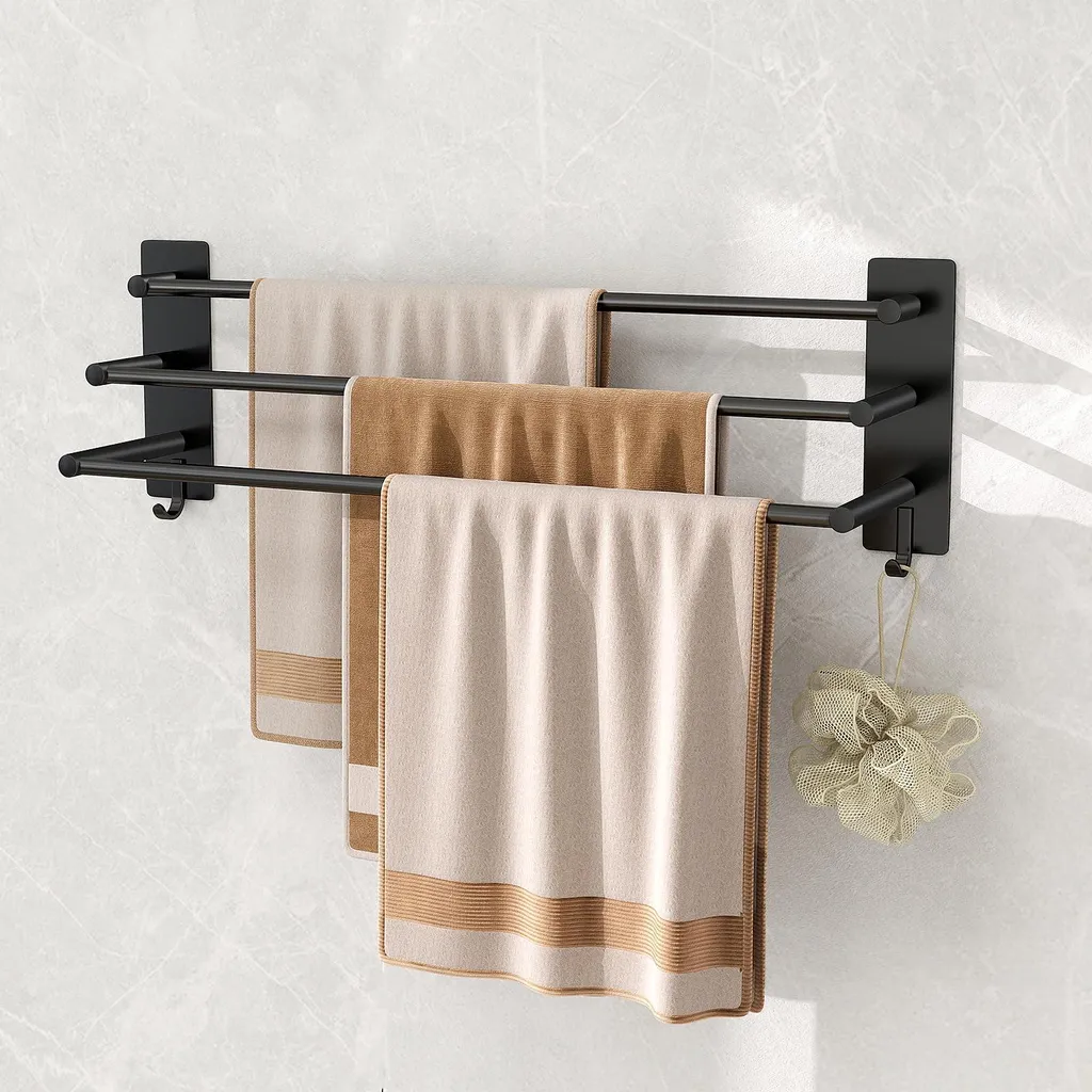 Rangement serviettes sans trou mural : support 60cm inox noir 3 bars