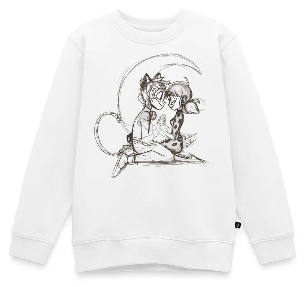Spreadshirt Miraculous Ladybug Und Cat Noir Zeichnung Kinder/Teenager Premium Pullover, 110/116 (4 Jahre), Weiß