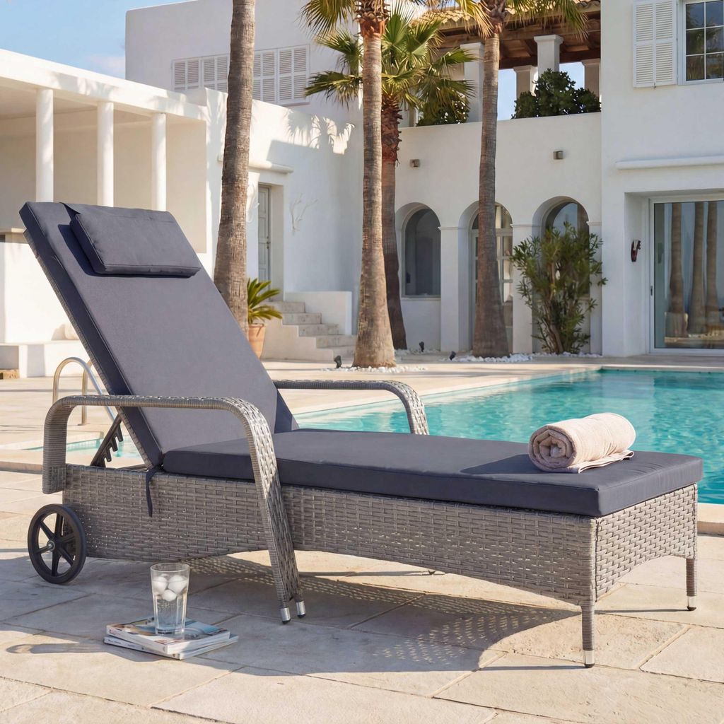 Poly-Rattan Sonnenliege Carrara, Relaxliege Gartenliege Liege, Alu - grau, Kissen dunkelgrau