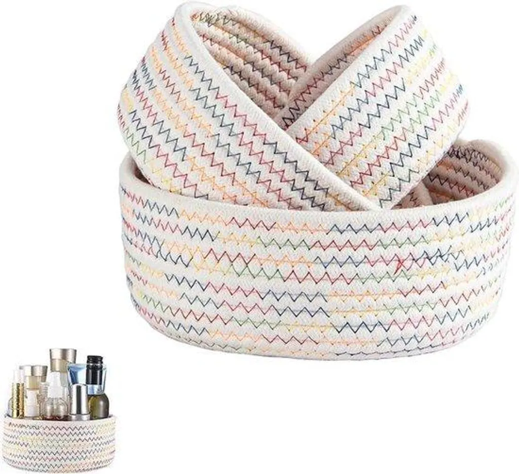 Panier rangement corde de coton blanc lot de 3 avec poignées intégrées - 2