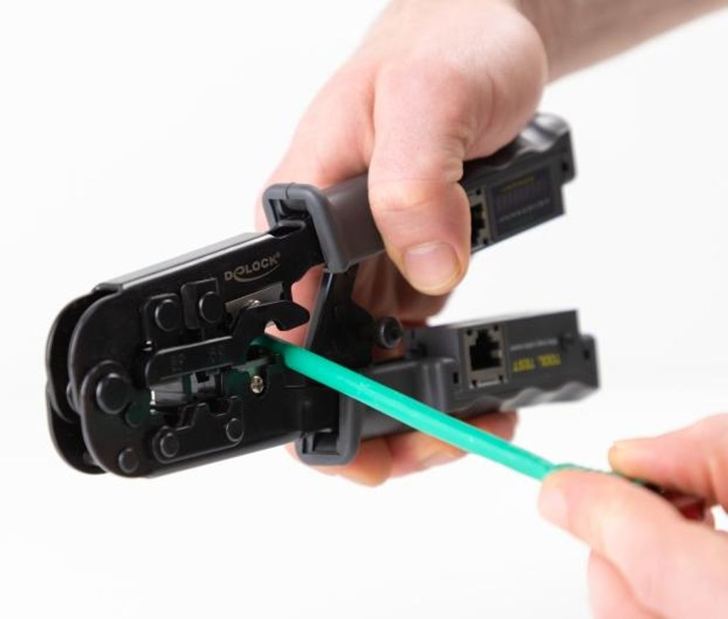Delock Crimpzange mit Abisolierer und Netzwerktester für 8P (RJ45), 6P (RJ12/11) oder 4P (RJ10) Stecker