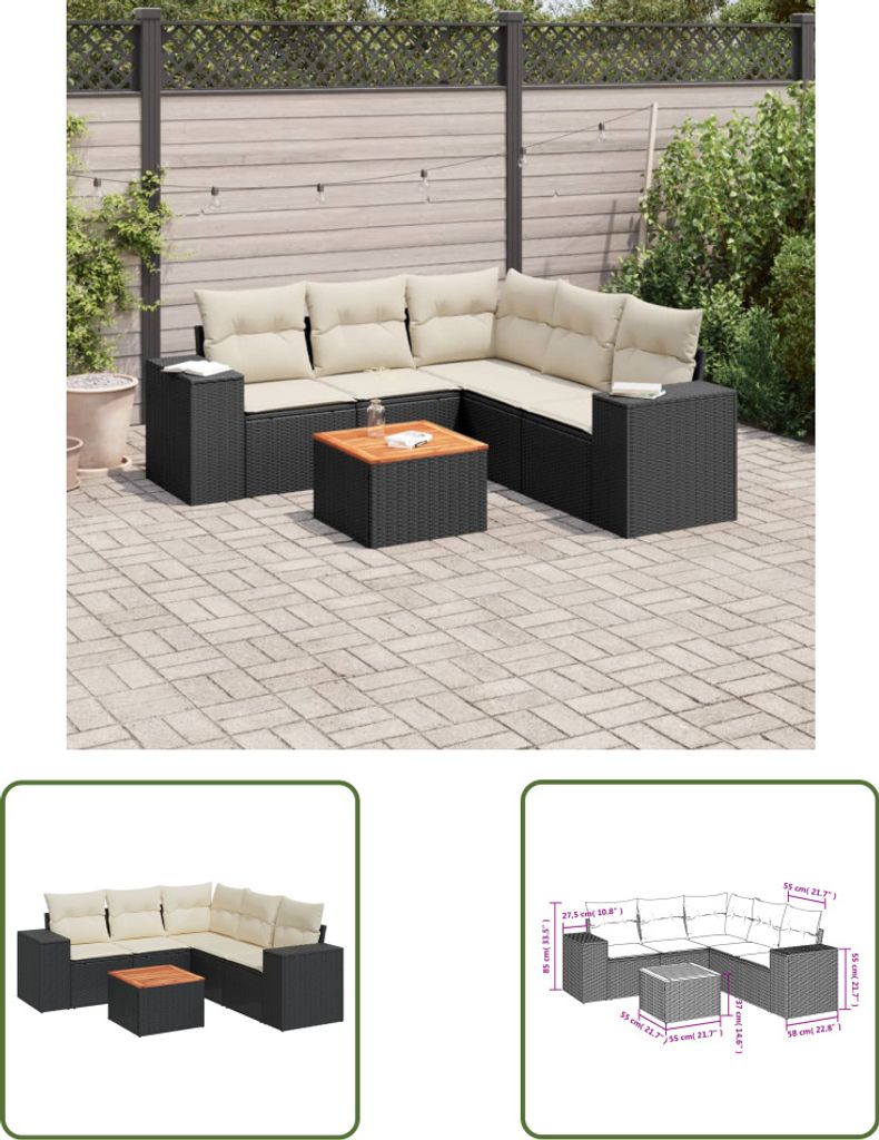 The Living Store 6-tlg. Garten-Sofagarnitur mit Kissen Schwarz Poly Rattan