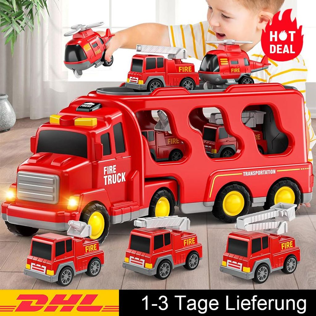 Feuerwehrautos Kleinkinderspielzeug für Alter 1-5, 5-in-1 Feuerwehrauto LKW