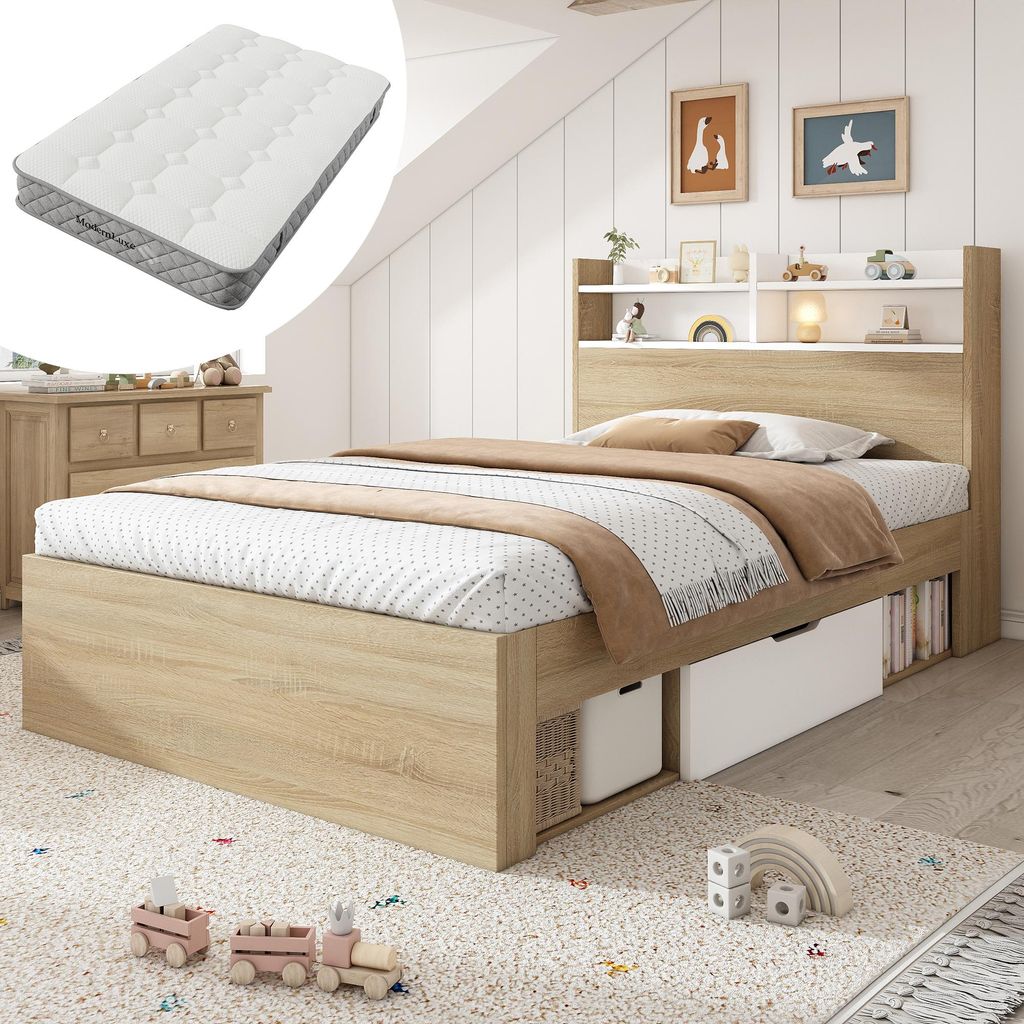 Holz-Einzelbett 90x200 , zweifarbiges Bett mit Kopfteil-Ablage, 2 Schubladen & offenen Fächern, praktisches Stauraumbett, Mit Matratze