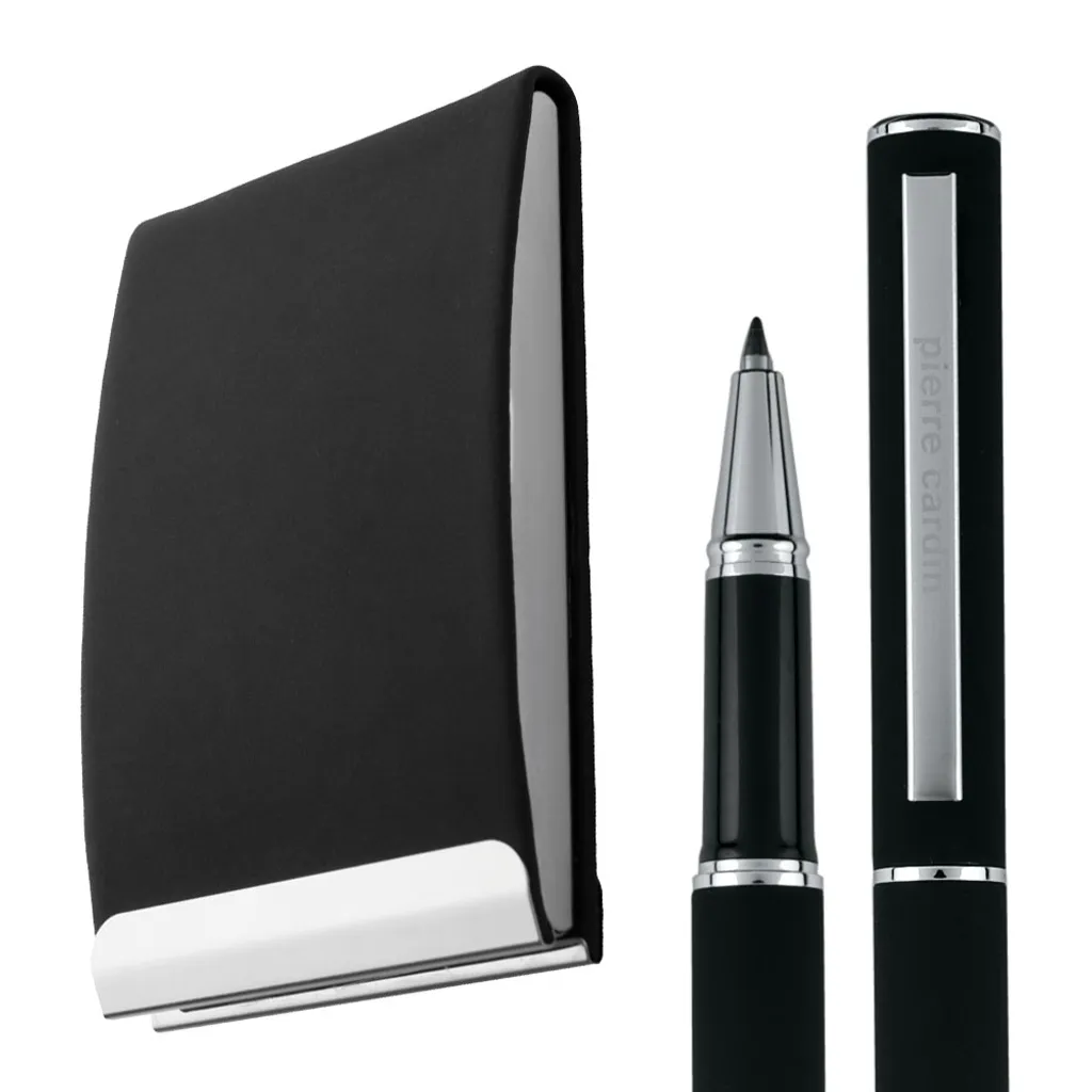 Pierre Cardin CONCORDE Ensemble Stylo Roller et Porte-cartes en Cuir Noir