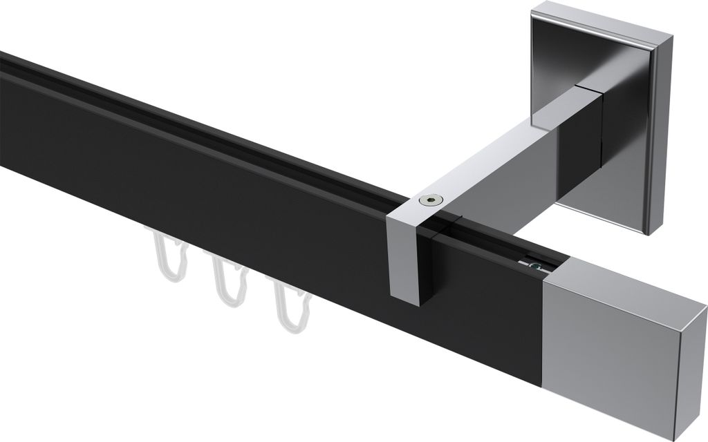 Interdeco Innenlaufstange / Gardinenstange mit Innenlauf Schwarz / Chrom, Typ Smartline Lox (Quader), 14x35 mm 1-läufig, 240 cm