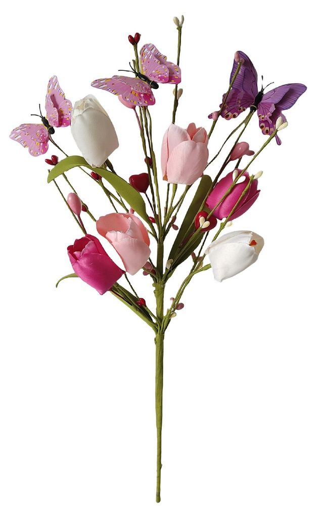 Künstliche Tulpenblume aus Seide mit rosa, weißen und roten Herzbeeren für Valentinstag, ideal als Vasen-, Tisch- oder Hochzeitsdekoration.