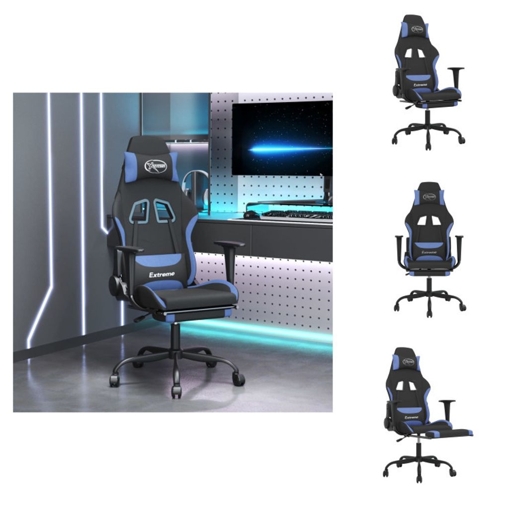 vidaXL Gaming-Stuhl mit Massage & Fußstütze Schwarz und Blau Stoff - Gaming-Sessel