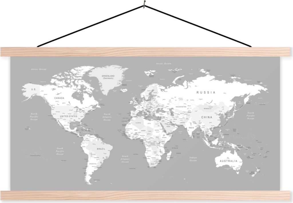 MuchoWow Textilposter Weltkarte - geografisch - schwarz-weiß 60x30 cm mit holzfarbenen Rahmen - Dekoration
