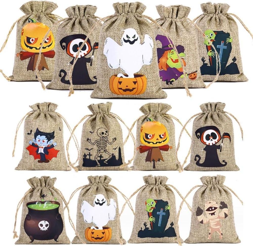 Linen Tasche mit Halloween-Thema - Jutesäckchen mit Zugband für Süßigkeiten, kleine Geschenke, Schmuck, Kunsthandwerk - Monster, Verwendung bei...