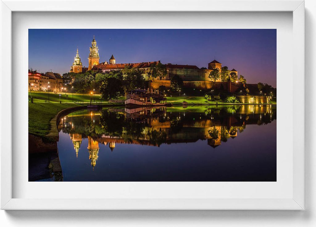 Das Wawel-Schloss bei Nacht Die Weichsel– Wandbild mit Rahmen – Gerahmtes Bild – Wanddekoration – 60x40 cm – Schwarz Rahmen