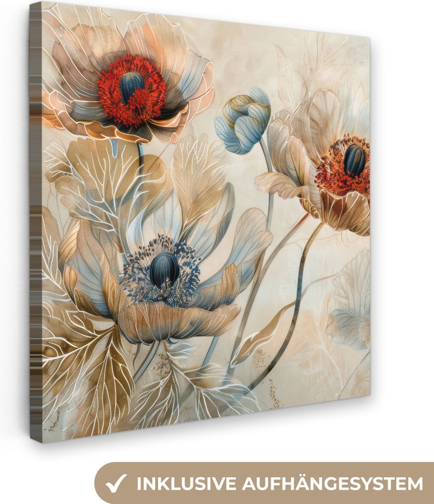 MuchoWow - Leinwandbilder - Blumen - Beige - Modern - Illustration, Wandbild, Wanddeko Bilder Wohnzimmer, 90x90 cm