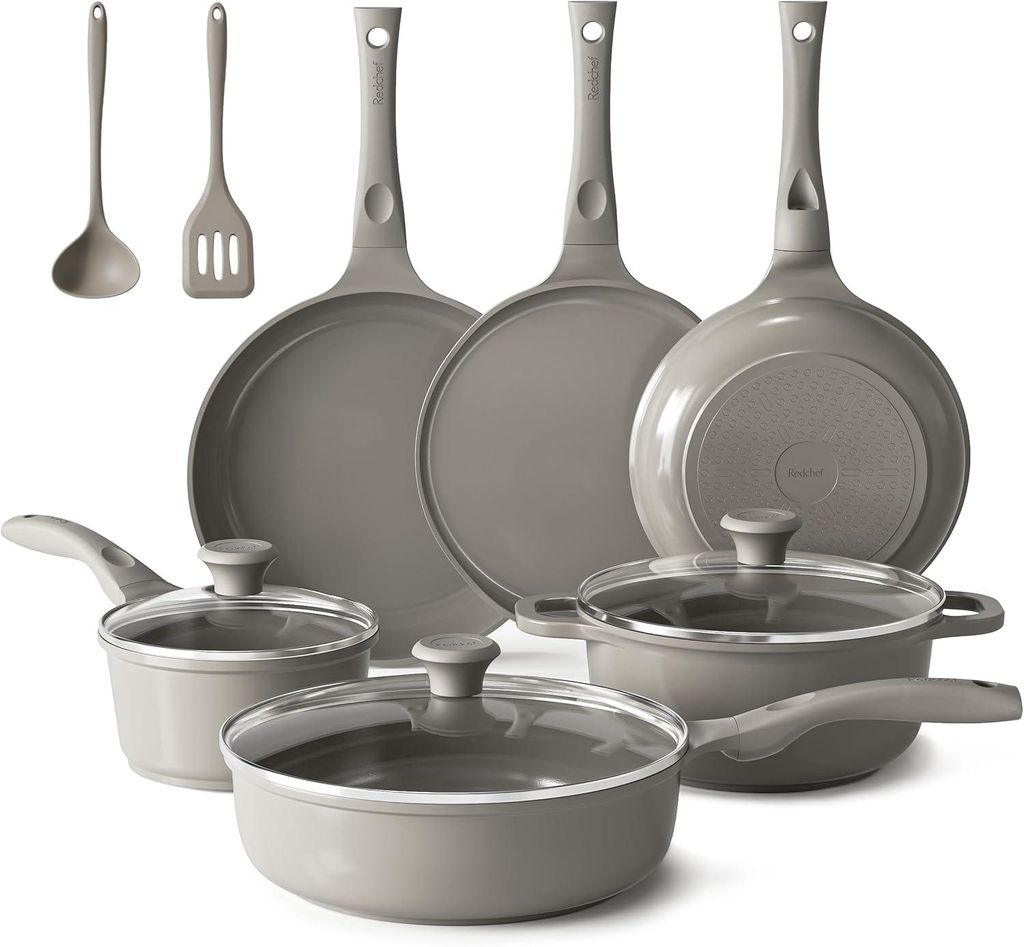 Pfannenset, Keramik-Pfannenset, Induktion, Kochgeschirr, 11-teilig, Induktionspfannenset mit Glasdeckel, PTFE-frei, -frei, für alle Herdarten geei...