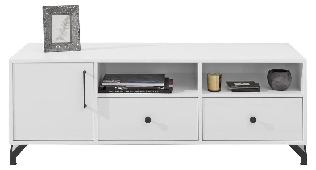 Masseno TV-Schrank LANZA 140 cm Fernsehschrank mit 2 Schubladen und 1 Türen TV-Lowboard für Wohnzimmer Modern 140x50x50 cm Weiß / Weiß