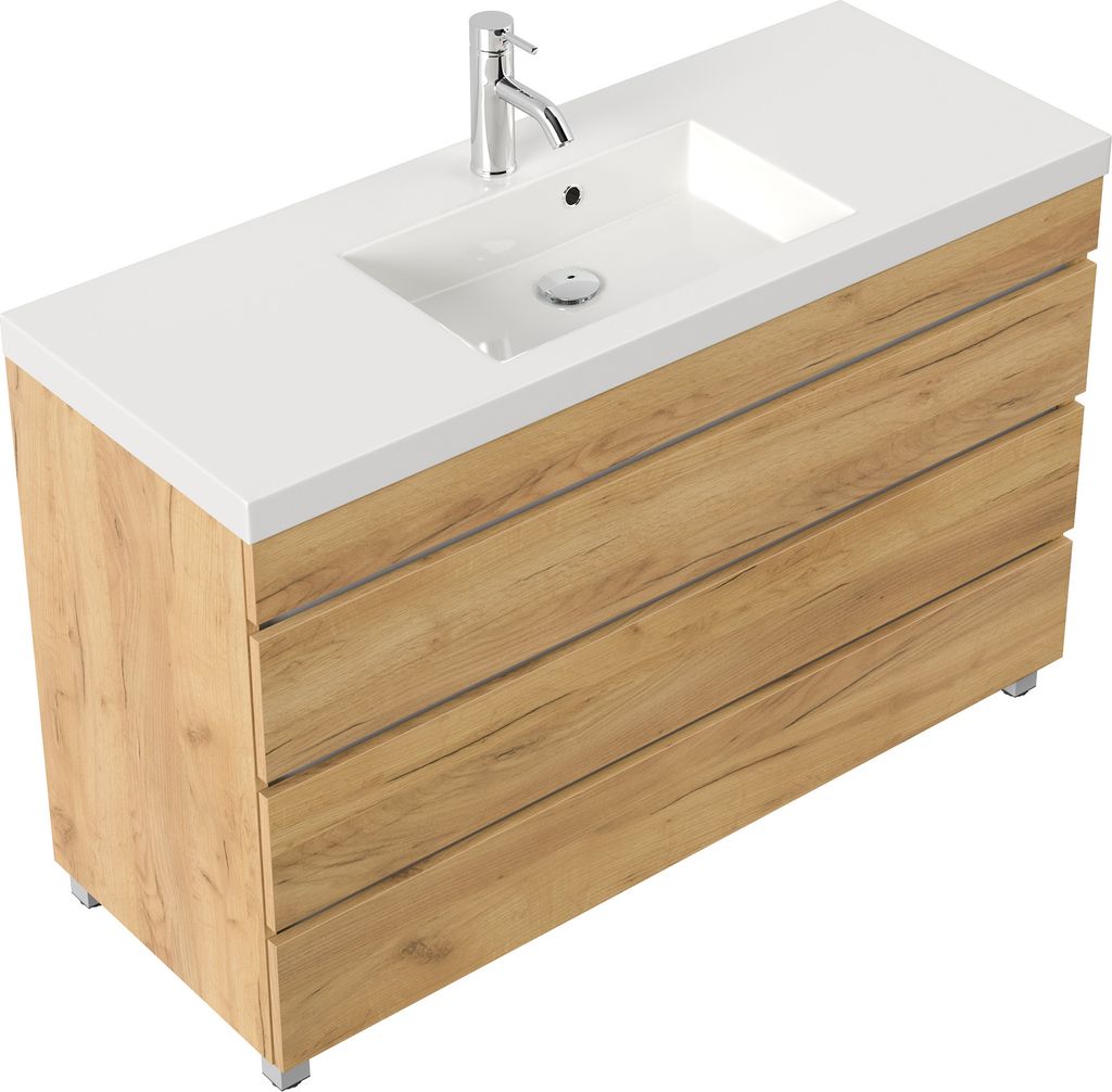 Stand Badmöbel GENEVA 120 SoftClose eiche gold mit 3 grifflosen Schubladen : Eiche Gold