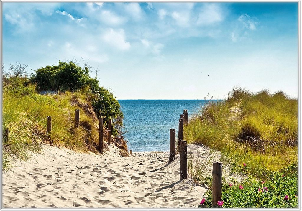 Wallario Wandbild Auf dem Sandweg zum Strand, Größe: 70,30 x 100,30 cm, Poster mit weißem Kunststoffrahmen