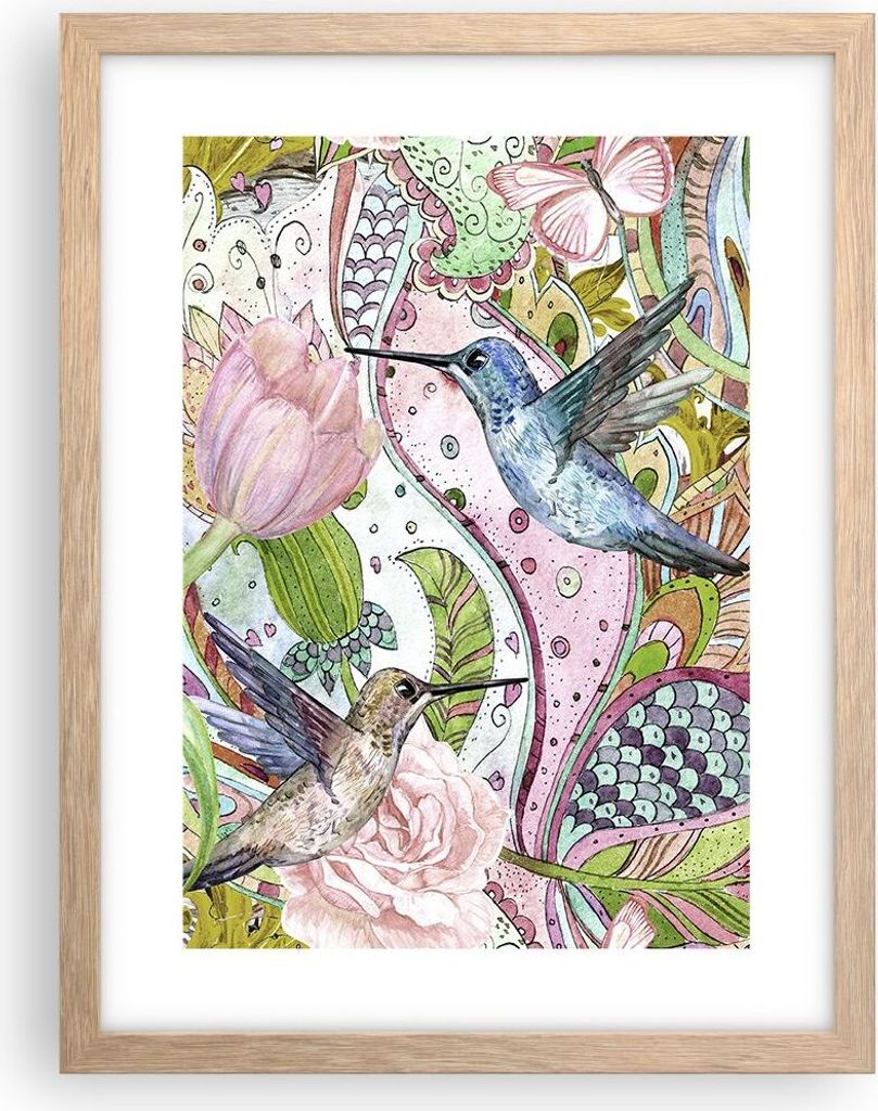 Gerahmtes Poster - Rahmen in heller Eiche - Vogel Schmetterling Blume - 30x40 cm - Wand Bild - Wanddeko - Wandbilder - Wandposter - Bilderrahmen - ...