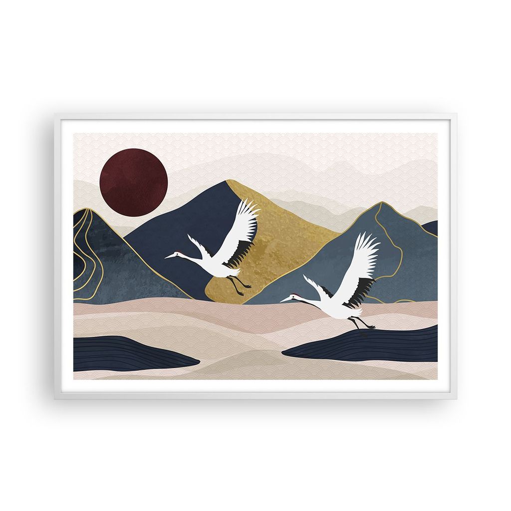 Gerahmtes Poster - Weißer Rahmen - Kraniche Berge Sonne - 100x70 cm - Wand Bild - Wanddeko - Wandbilder - Kunstposter - Wandposter - Bilderrahmen ...