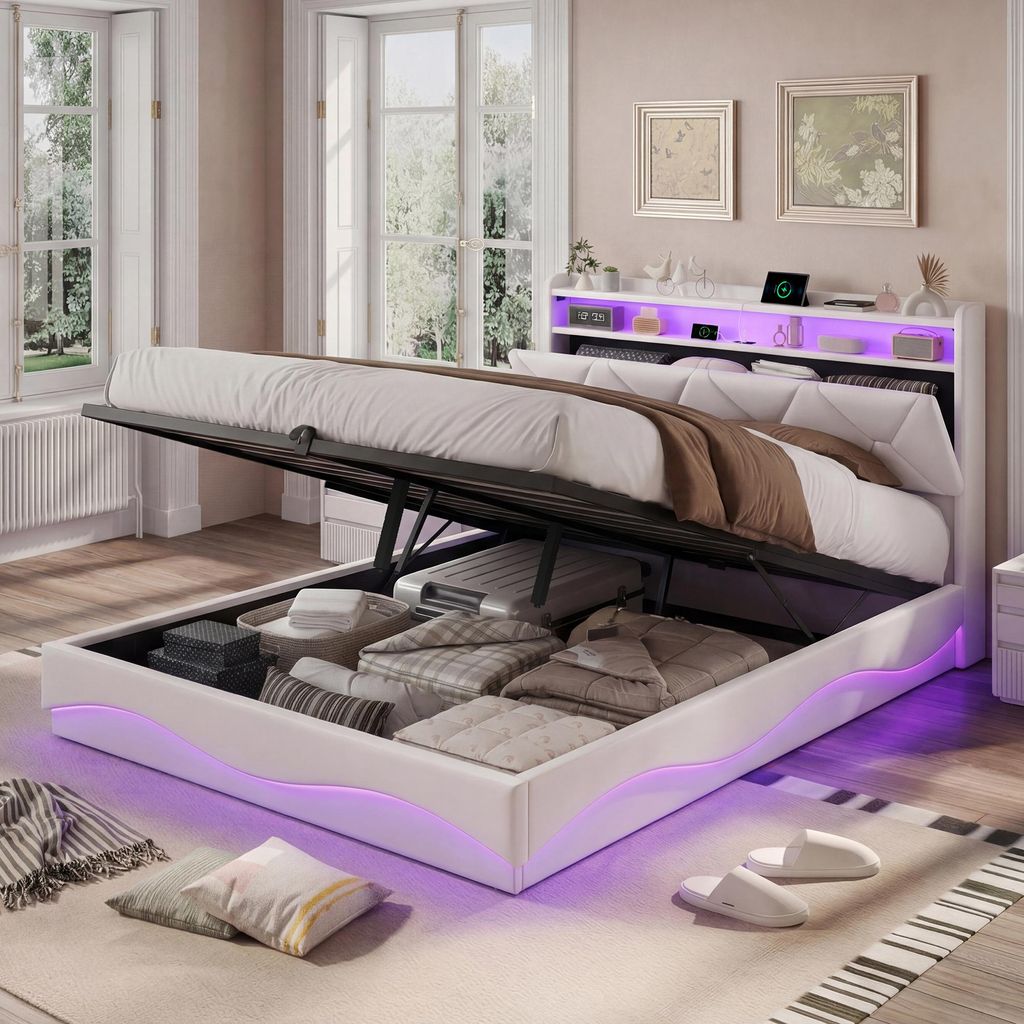 Bett 140x200cm Samt Beige, Hydraulischer Stauraum, LED RGB, Produktbild 