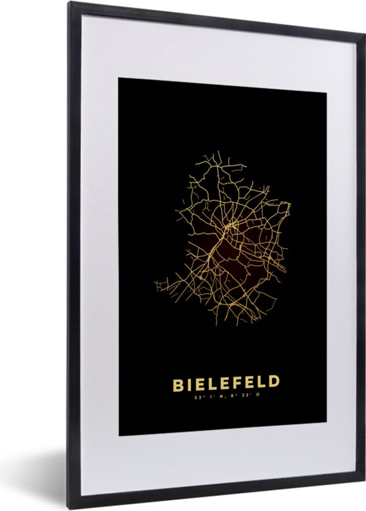 MuchoWow Gerahmtes Poster Karte - Bielefeld - Gold - Stadtplan - Karte 40x60 cm - Poster mit Schwarzem Bilderrahmen Wandposter Rahmen Foto Bilder...