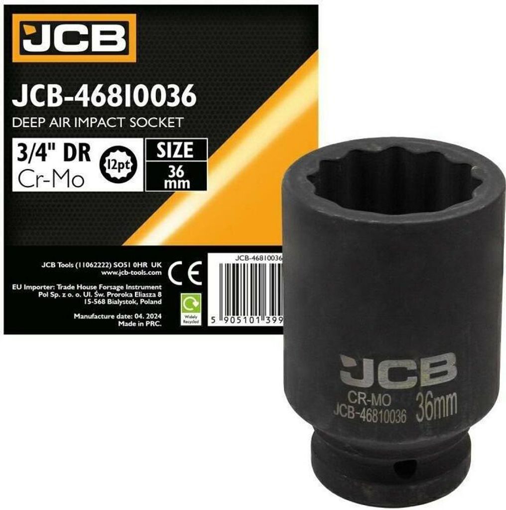 JCB | Steckschlüssel-Einsatz Sechskant, 3/4" 36mm, für Schlagschrauber, Tiefe Schlag Stecknuss, Schlagnuss