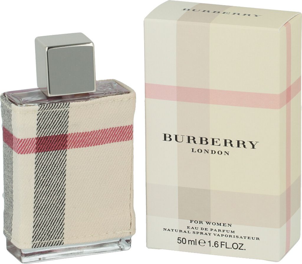 A bottle of Burberry London perfume and its packaging are shown against a white background.