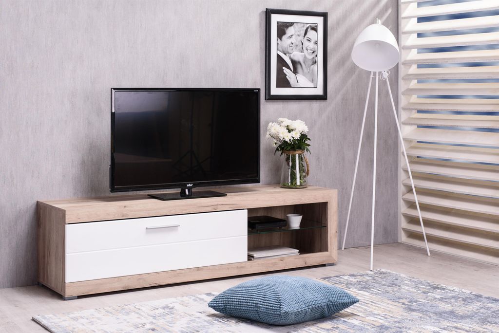 TV-Lowboard Fernsehtisch Unterschrank Rack HiFi Element TV Schrank "Ruma I" Grey Oak/Weiß-Hochglanz