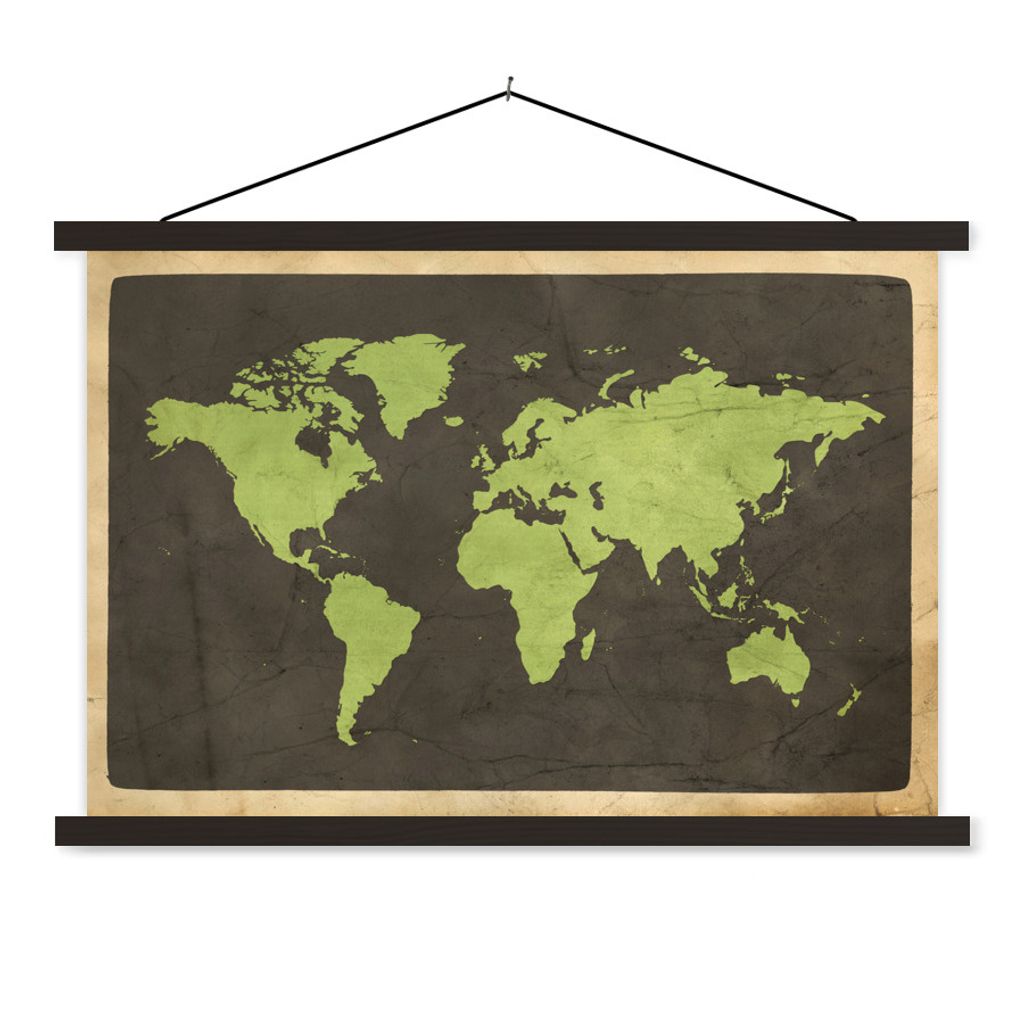 MuchoWow Textilposter Weltkarte - Grün - Vintage 60x40 cm mit schwarzem Rahmen - Hölzernes