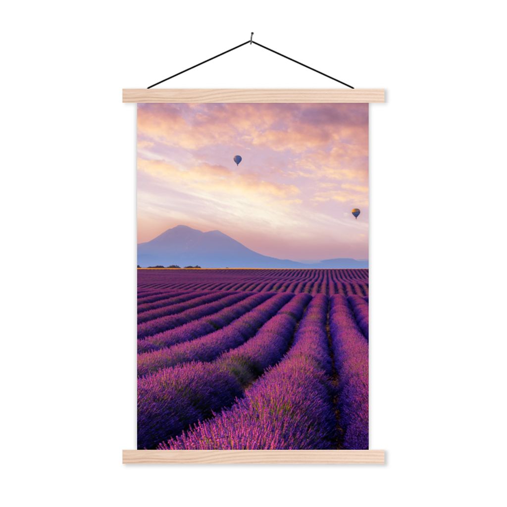 MuchoWow Textilposter Lavendel - Heißluftballon - Berg - Lila 60x90 cm mit holzfarbenen Rahmen - Textil