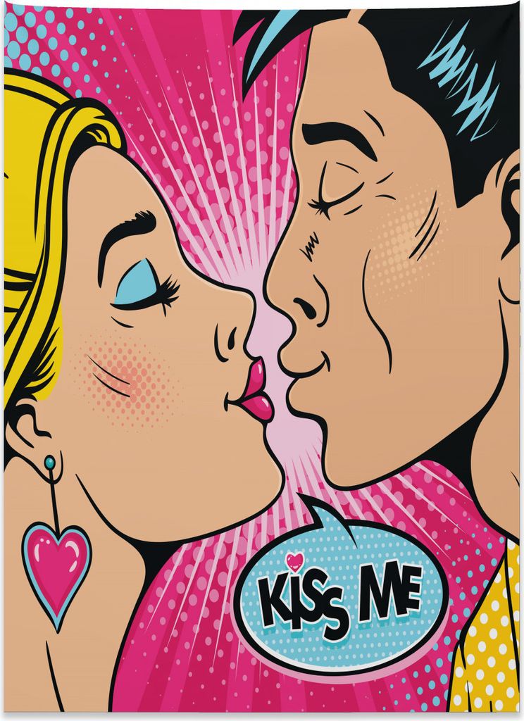 Abakuhaus Küss mich Wandteppich, Junges Pop-Art-Paar aus Weiches Mikrofaser Stoff Kein Verblassen Klare Farben Waschbar, 110 x 150 cm, Mehrfarbig