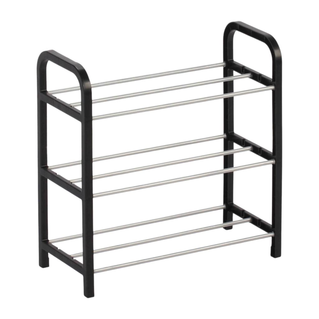 A black and silver shoe rack with four shelves.
