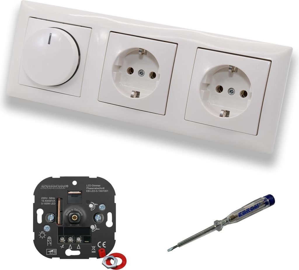 EBROM 1001 LED Drehdimmer Dimmer + Busch Jäger Dimmerscheibe 2115-914 und 2 x Steckdose 20EUC-914 in Balance Si alpinweiß glänzend inklusive EBR...