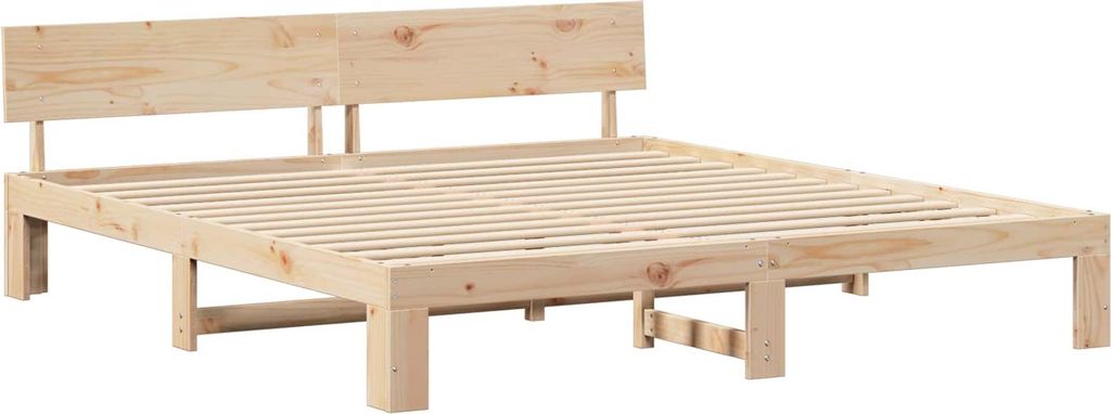 A wooden bed frame with a headboard, shown from a side-angle.