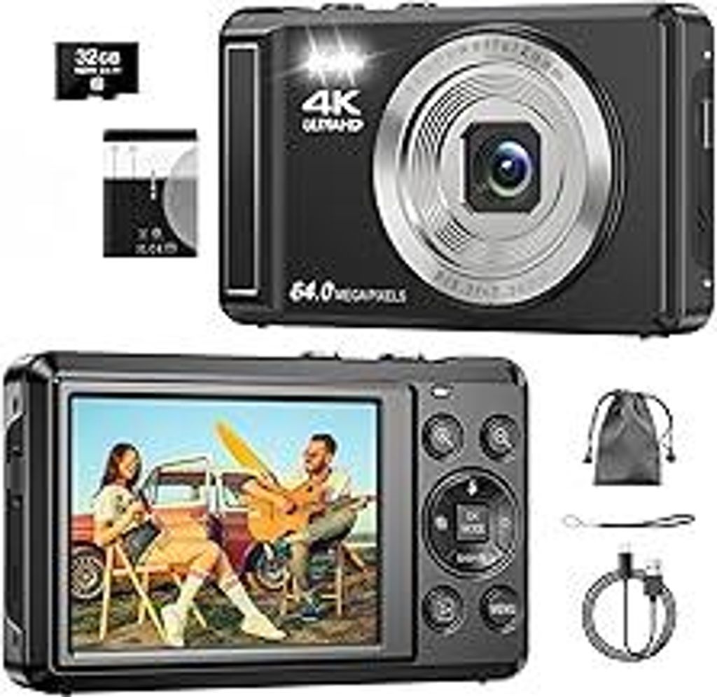 Digitalkamera 4K 64MP, 2.8 Zoll UHD Autofokus Kamera fotokamera, 32GB Karte & Akku,16X Digitalzoom Wiederaufladbare Tragbare Kompaktkameras mit fü...